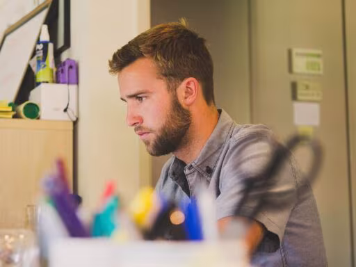 man, work, desk