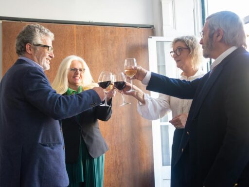 Senior adults raise wine glasses in a celebration indoors in Portugal, capturing a joyful and elegant moment.