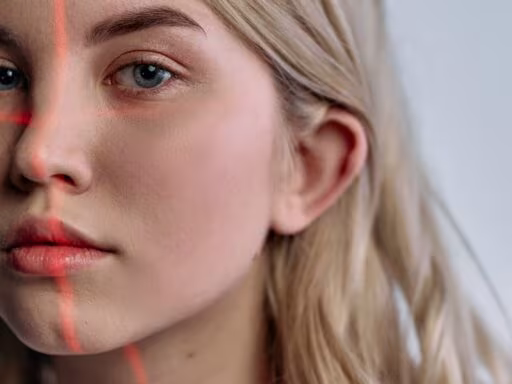 Close-up portrait of woman with laser scanning lines, symbolizing advanced technology in facial recognition.