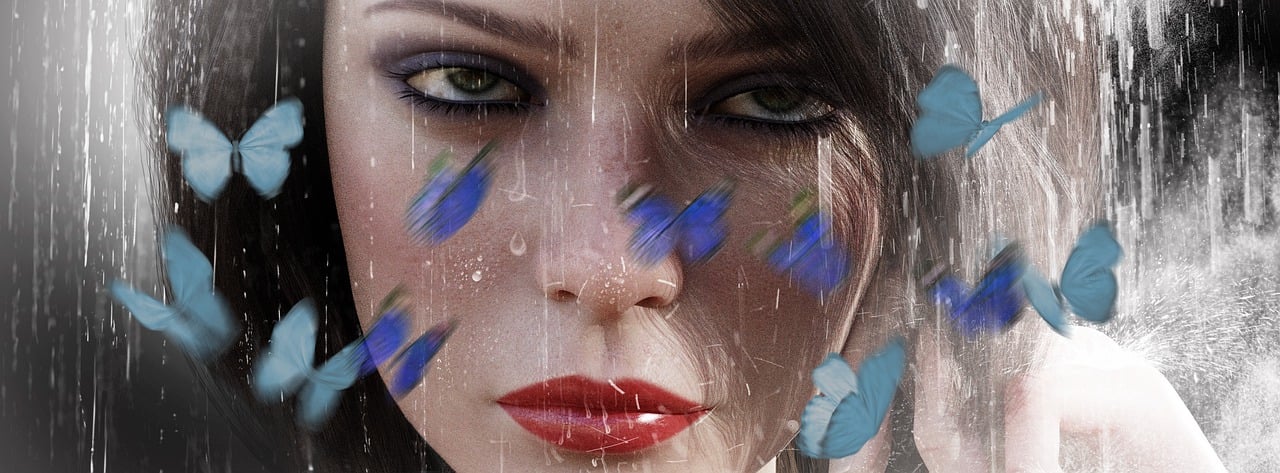 woman, butterflies, cry, rain, atmosphere, portrait, psychology, romantic, nature, butterfly, female