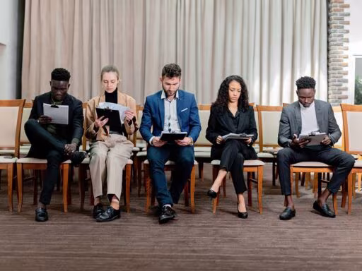A diverse group of professionals attentively reviewing documents indoors.